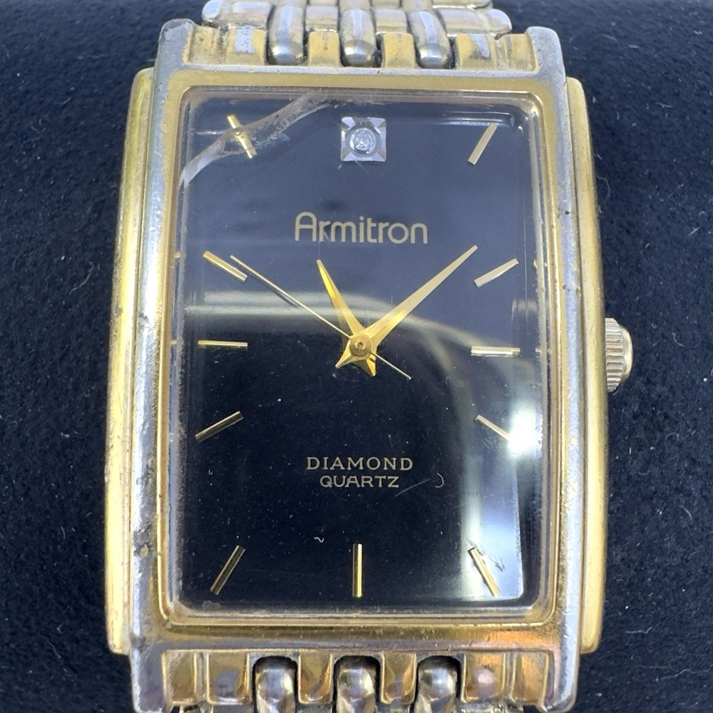 Vintage Armitron Diamond Quartz Swiss Watch Black Dial Gold tone Band 20/1270